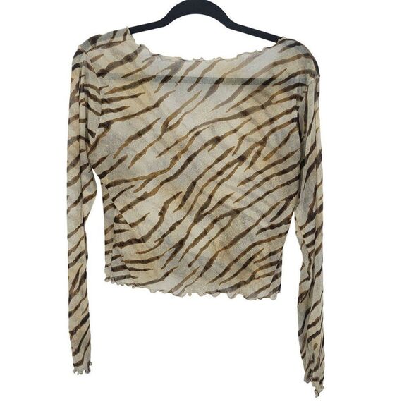 Vintage Y2K Sheer Zebra Print Long Sleeve Top M Brown Stretch Tattoo Baddie Club - Picture 2 of 9